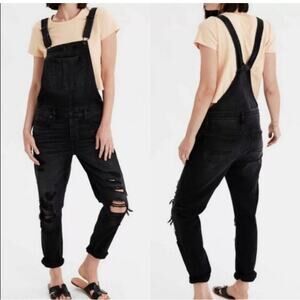 American Eagle Preppy Distressed Tomgirl Jegging Overall Faded Black Denim Size…